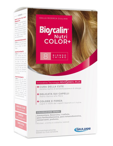 Bioscalin Nutricolor Plus 8 Biondo Chiaro Crema Colorante 40ml + Rivelatore Crema 60 Ml + Shampoo 12 Ml + Trattamento Finale Bal
