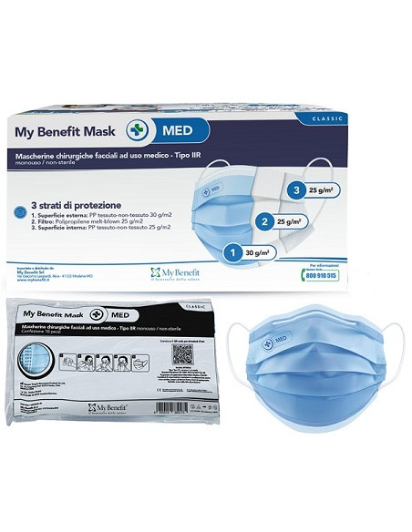 My Benefit Mask Mascherina Chirurgica Facciale Ad Uso Mediconon Sterile Tipo Iir Azzurro 10 Pezzi
