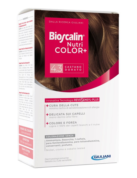 Bioscalin Nutricolor Plus 4,3 Castano Dorato Crema Colorante40 Ml + Rivelatore Crema 60 Ml + Shampoo 12 Ml + Trattamento Finale 